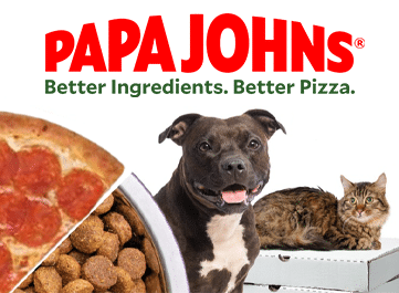 the logo for Pap Johns with a dog and a cat next to it