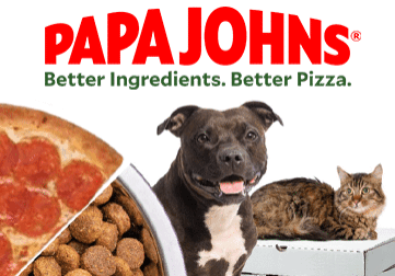 the logo for Pap Johns with a dog and a cat next to it