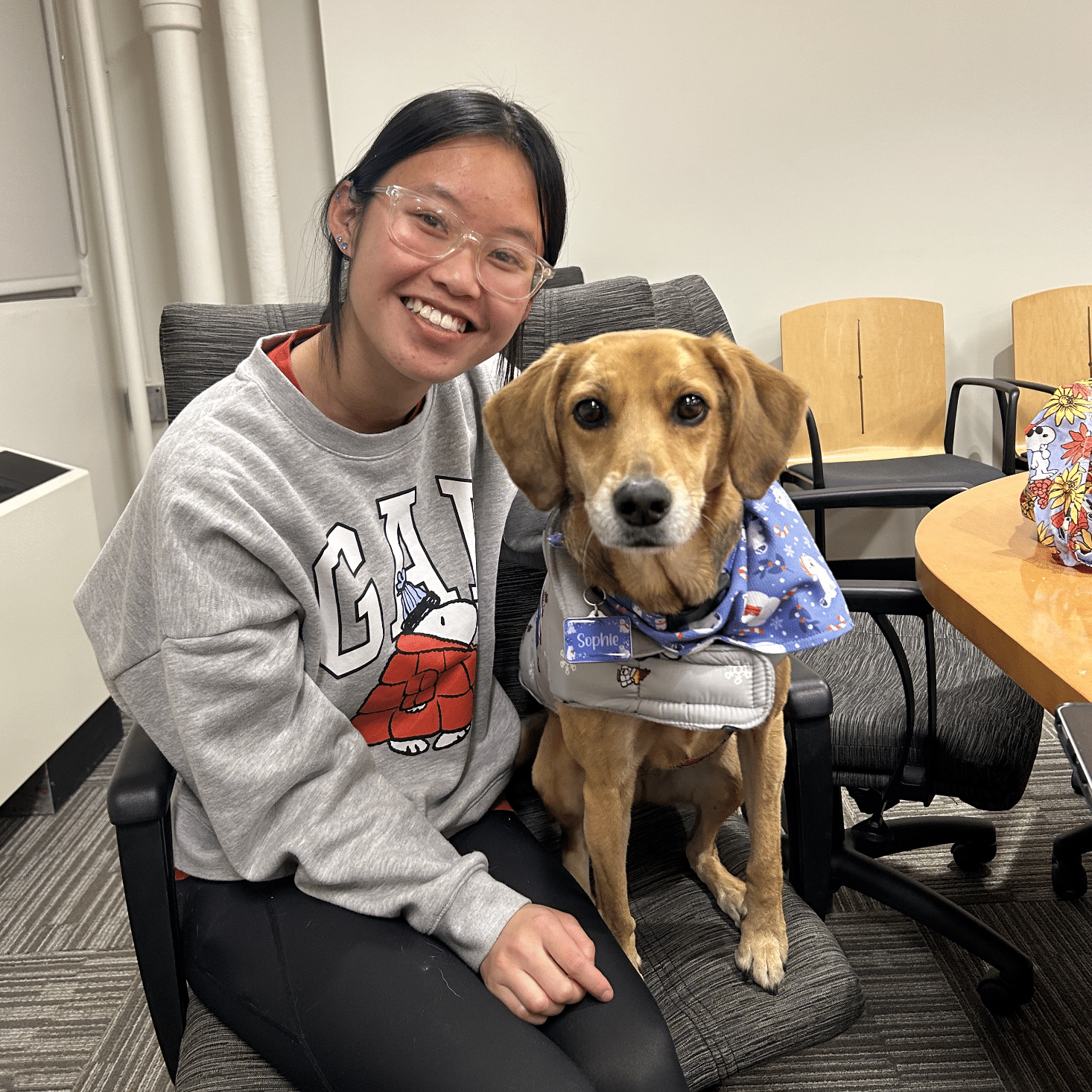 woman with a dog on a chair