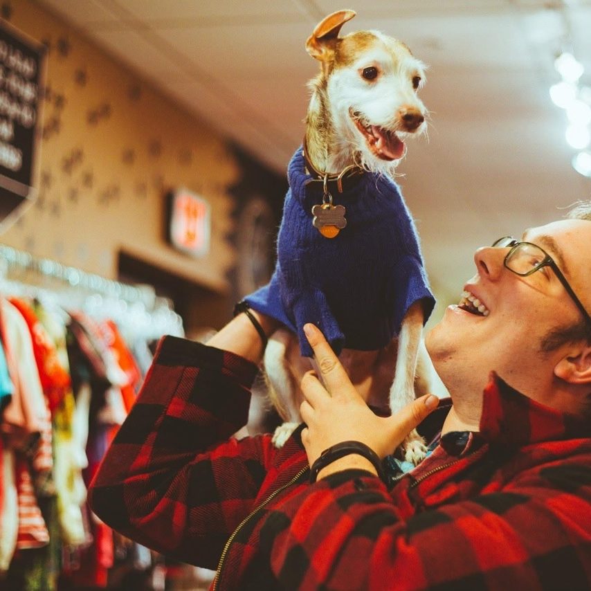 Ruffles the dog sitting on his owner's shoulder